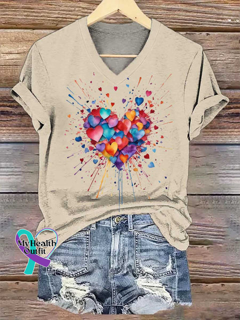 Women’s Heart V-neck Casual T-Shirt Sand / S