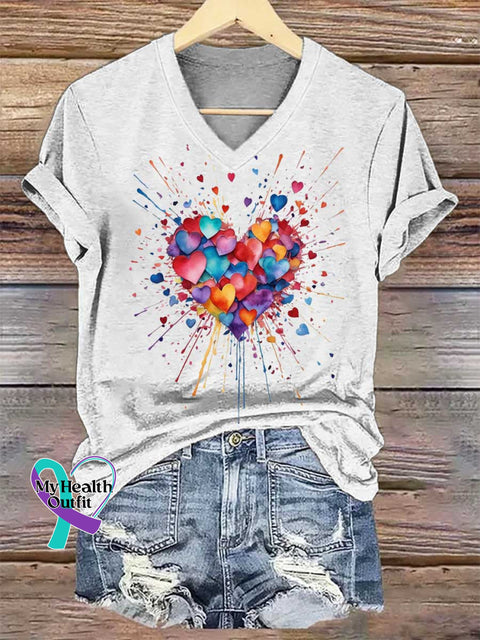 Women’s Heart V-neck Casual T-Shirt White / S