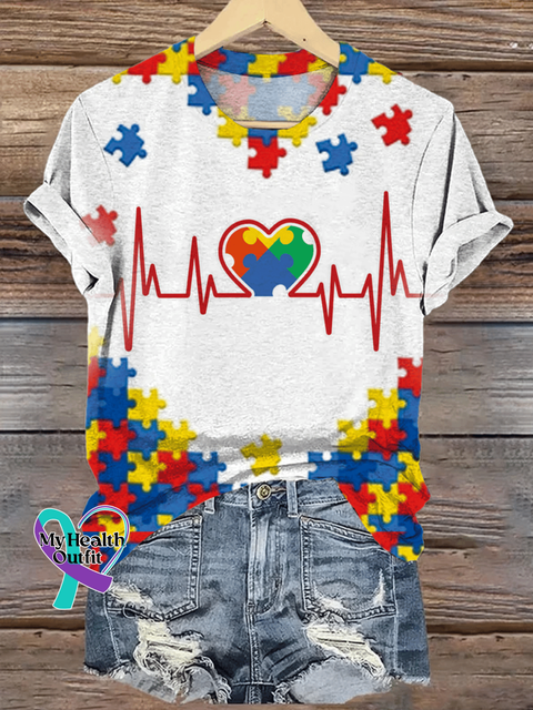 Women’s Heartbeat Puzzle Autism Awareness Printed Short-Sleeved T-Shirt White / S