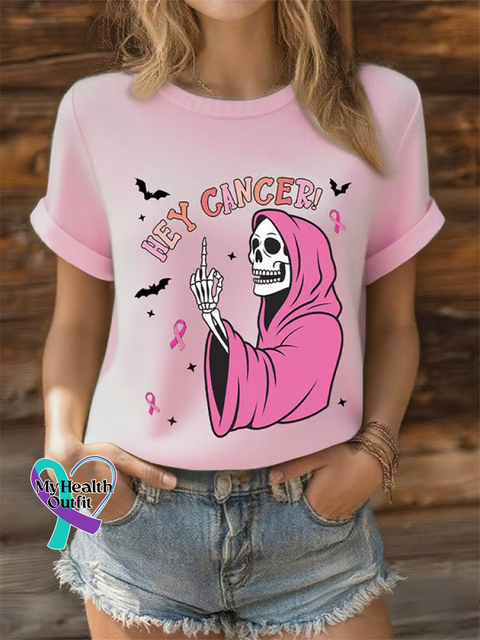 Women’s HEY CANCER Breast Cancer Awareness Print Casual Crew Neck Short Sleeve Knitted Sweater Multicolor / S