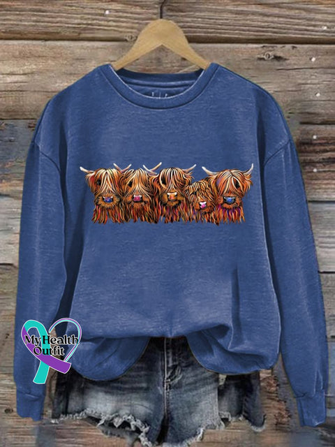 Women’s Highland Cow Long Sleeve Sweatshirt Blue / S