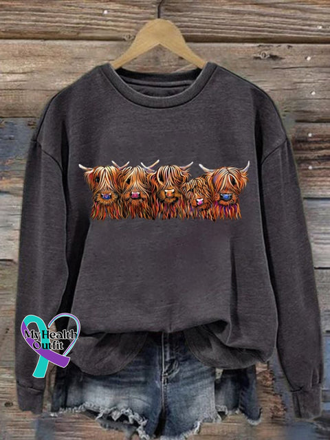 Women’s Highland Cow Long Sleeve Sweatshirt Dark Grey / S