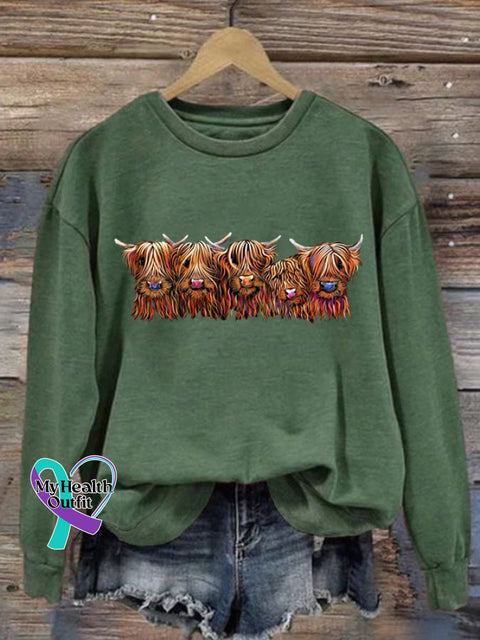 Women’s Highland Cow Long Sleeve Sweatshirt Green / S