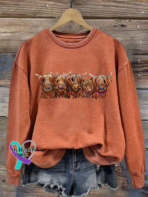 Women’s Highland Cow Long Sleeve Sweatshirt Orange / S