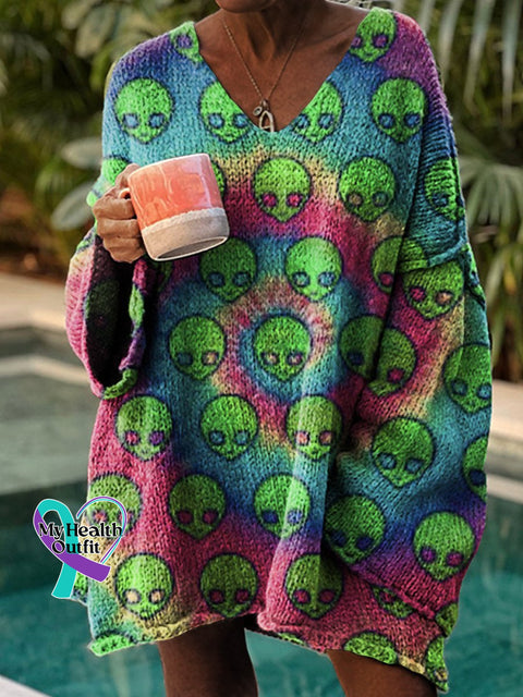 Women’s Hippie Alien Love And Peace Rainbow Casual Pullover Sweater Multicolor / M