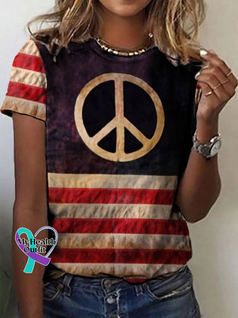 Women’s Hippie American Flag Peace Sign Independence Day Casual V-Neck Tee As Shown / S