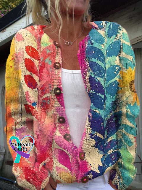 ❤️Warm Gift❤️Women’s Hippie Art Colorful Flower Print Buttoned Cardigan Sweater Multicolor / S