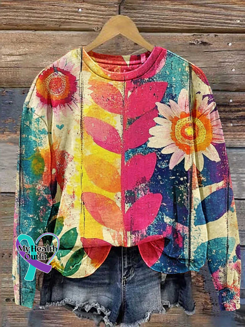 Women’s Hippie Art Colorful Flower Casual Sweatshirt One / S
