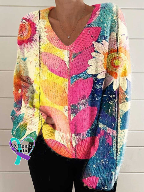 Women’s Hippie Art Colorful Flower Casual V-Neck Pullover Knit Multicolor / M