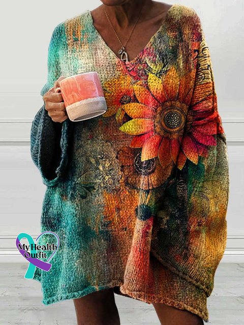 Women’s Hippie Art Flowers Casual Pullover Sweater Multicolor / M