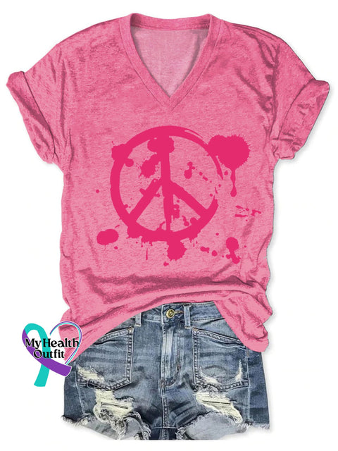 Women’s Hippie Breast Cancer Warrior Print V-Neck Casual T-Shirt Pink / S