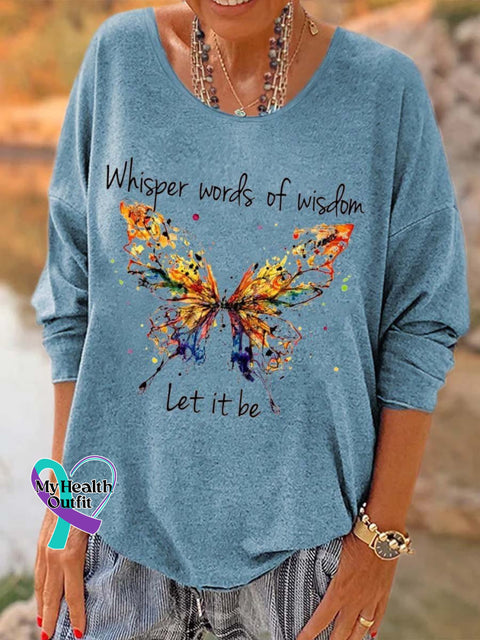 Women’s Hippie Dragonfly Whisper Words Of Wisdom Let It Be Printed Long Sleeve T-Shirt Blue / S