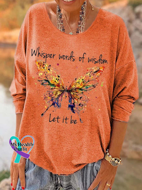 Women’s Hippie Dragonfly Whisper Words Of Wisdom Let It Be Printed Long Sleeve T-Shirt Orange / S