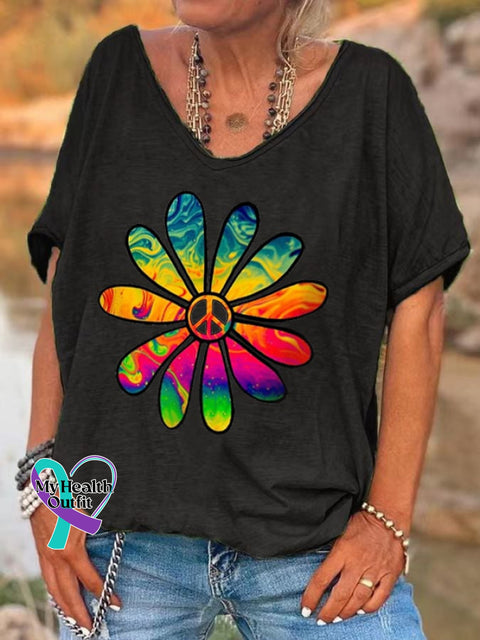 Women’s Hippie Flower Print V-Neck T-Shirt Black / S