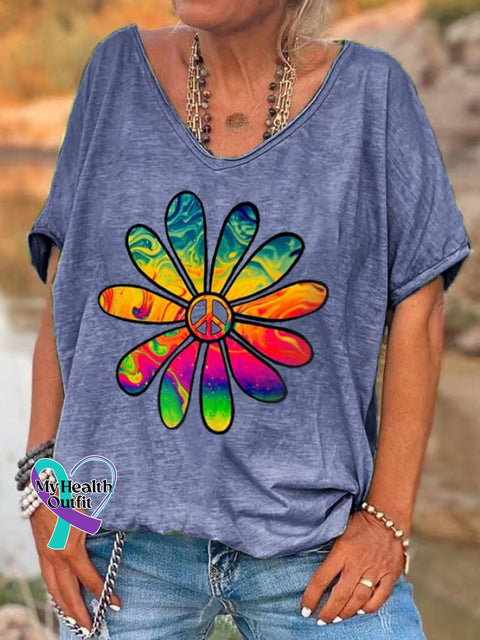 Women’s Hippie Flower Print V-Neck T-Shirt Blue / S