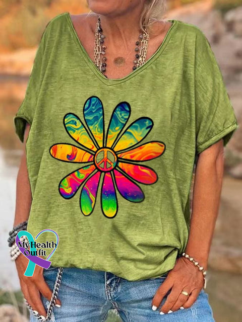 Women’s Hippie Flower Print V-Neck T-Shirt Green / S