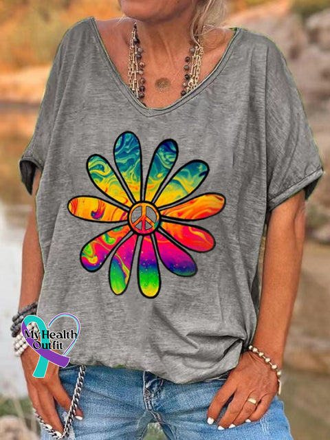 Women’s Hippie Flower Print V-Neck T-Shirt Grey / S