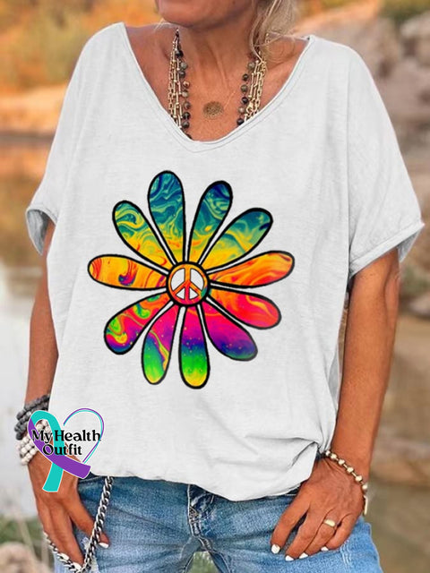 Women’s Hippie Flower Print V-Neck T-Shirt White / S