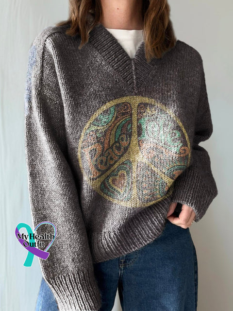 Women’s Hippie Graphic Art Print Casual V Neck Pullover Knit Sweater Multicolor / M