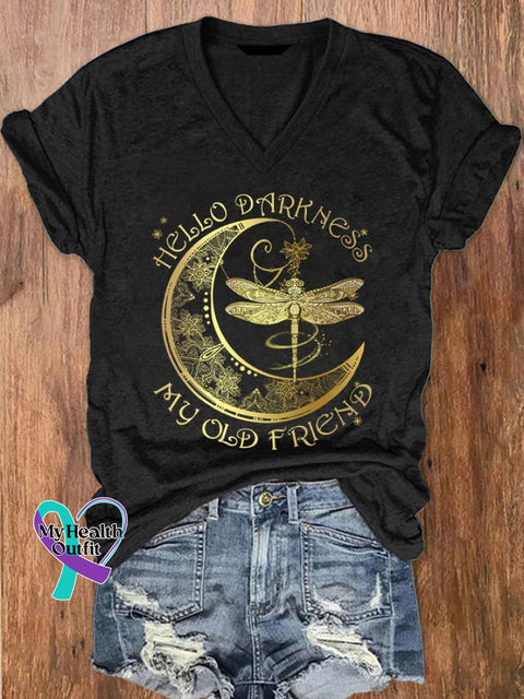 Women’s Hippie Hello Darkness My Old Friend Printed V-Neck T-Shirt Black / S