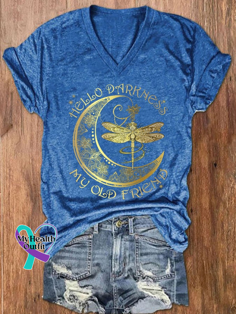 Women’s Hippie Hello Darkness My Old Friend Printed V-Neck T-Shirt Blue / S