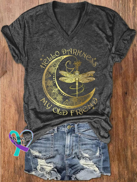 Women’s Hippie Hello Darkness My Old Friend Printed V-Neck T-Shirt Dark Grey / S