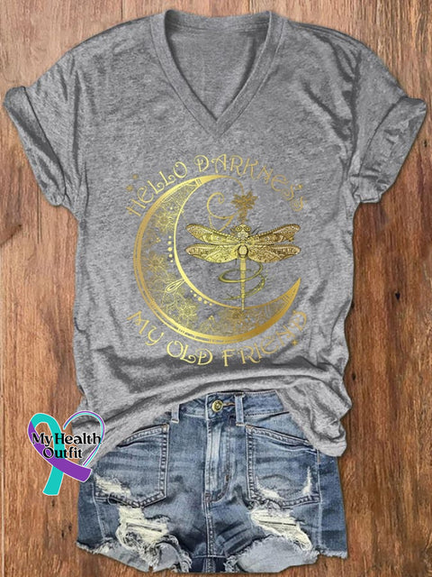 Women’s Hippie Hello Darkness My Old Friend Printed V-Neck T-Shirt Light Grey / S