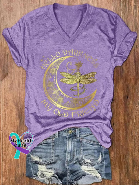 Women’s Hippie Hello Darkness My Old Friend Printed V-Neck T-Shirt Purple / S