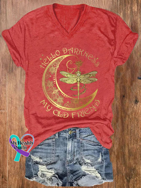 Women’s Hippie Hello Darkness My Old Friend Printed V-Neck T-Shirt Red / S