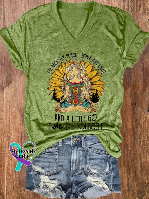Women’s Hippie I’m Mostly Peace Love And Light A Little F@*K Yourself Printed V-Neck T-Shirt