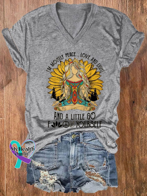 Women’s Hippie I’m Mostly Peace Love And Light A Little F@*K Yourself Printed V-Neck T-Shirt