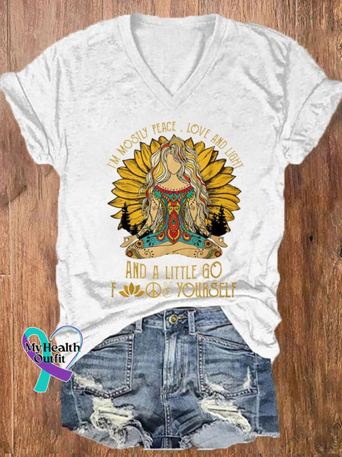 Women’s Hippie I’m Mostly Peace Love And Light A Little F@*K Yourself Printed V-Neck T-Shirt