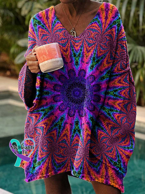 Women’s Hippie Love And Peace Print Casual Pullover Sweater Multicolor / M