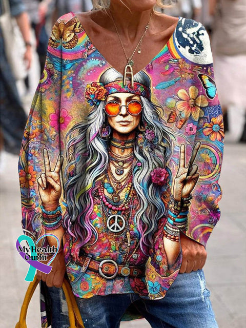 Women’s Hippie Peace And Love Art Print Casual Sweatshirt Multicolor / S