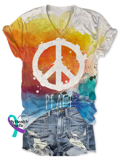 Women’s Hippie Peace And Love Art Print V-Neck Casual T-Shirt Multicolor / S