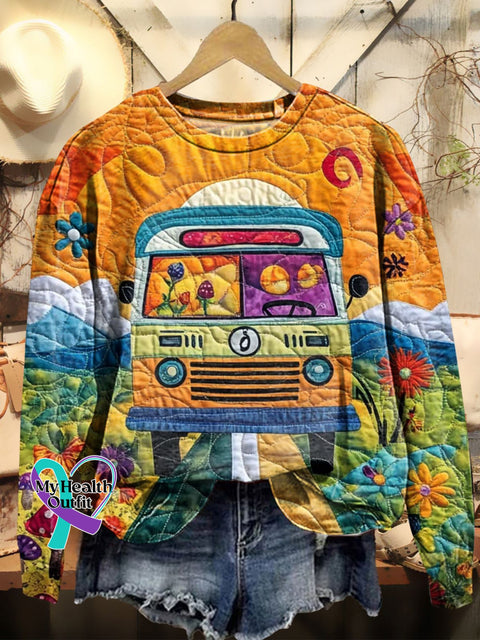 Women’s Hippie Peace Car Textured Print Casual Sweatshirt Multicolor / S