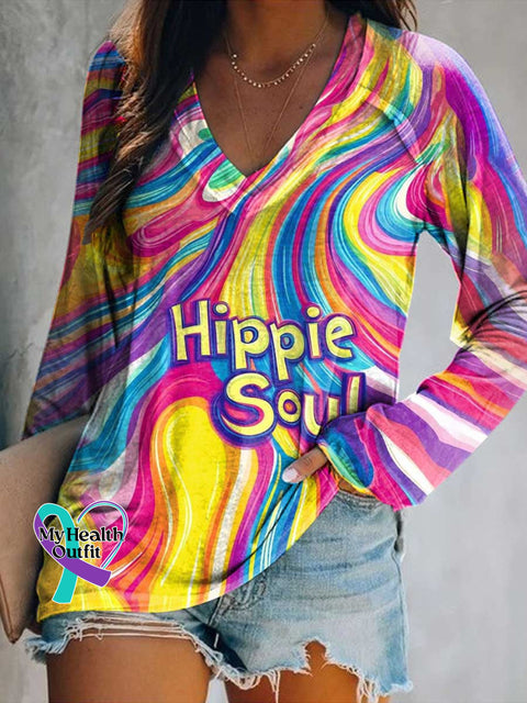 Women’s Hippie Soul Print Casual V Neck Long Sleeve Tops Multicolor / S