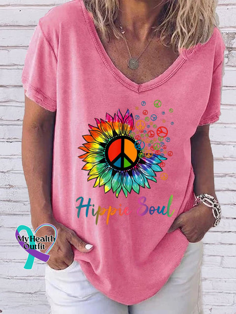Women’s Hippie Soul Retro Flower Lover Printed V-Neck T-Shirt Pink / S