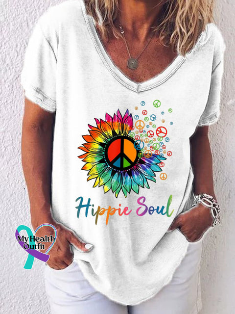 Women’s Hippie Soul Retro Flower Lover Printed V-Neck T-Shirt White / S