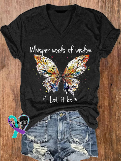 Women’s Hippie Whisper Word Of Wisdom Let It Be Butterfly Print V-Neck T-Shirt Black / S