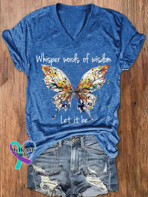 Women’s Hippie Whisper Word Of Wisdom Let It Be Butterfly Print V-Neck T-Shirt Blue / S