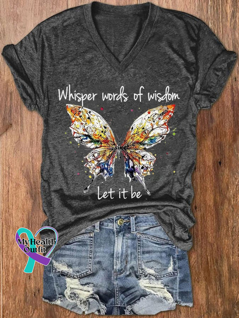 Women’s Hippie Whisper Word Of Wisdom Let It Be Butterfly Print V-Neck T-Shirt Dark Grey / S