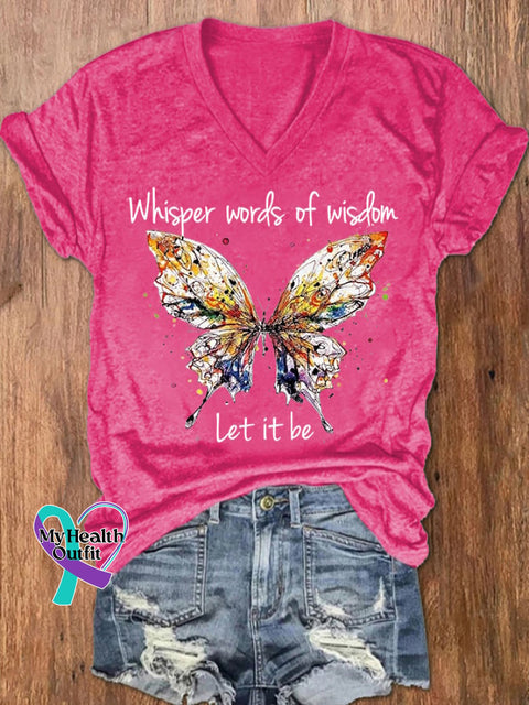 Women’s Hippie Whisper Word Of Wisdom Let It Be Butterfly Print V-Neck T-Shirt Fuchsia / S