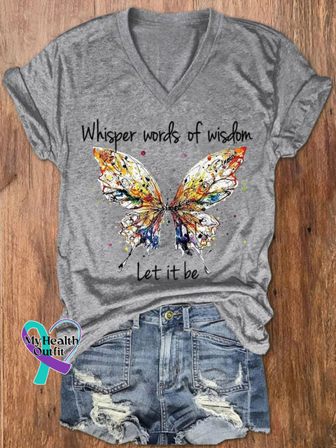 Women’s Hippie Whisper Word Of Wisdom Let It Be Butterfly Print V-Neck T-Shirt Light Grey / S
