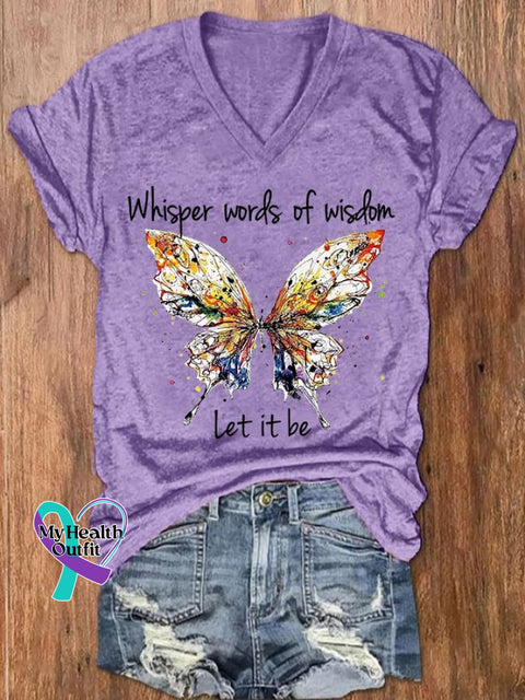Women’s Hippie Whisper Word Of Wisdom Let It Be Butterfly Print V-Neck T-Shirt Light Purple / S