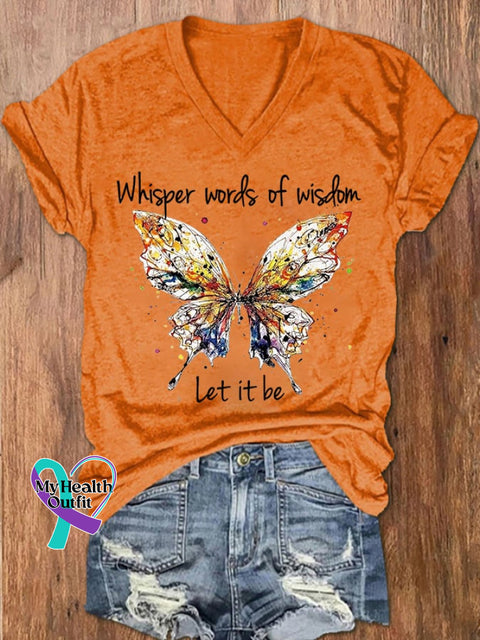 Women’s Hippie Whisper Word Of Wisdom Let It Be Butterfly Print V-Neck T-Shirt Orange / S