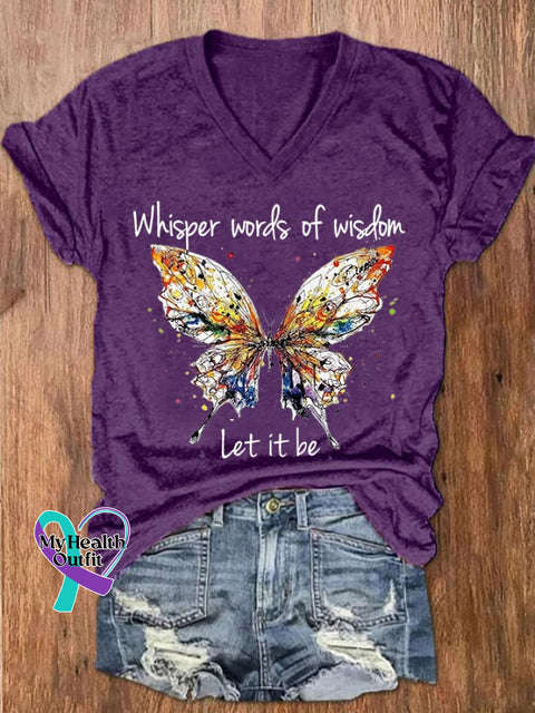 Women’s Hippie Whisper Word Of Wisdom Let It Be Butterfly Print V-Neck T-Shirt Purple / S
