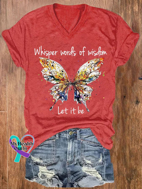 Women’s Hippie Whisper Word Of Wisdom Let It Be Butterfly Print V-Neck T-Shirt Red / S