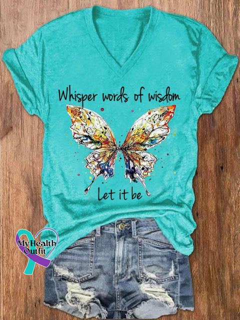 Women’s Hippie Whisper Word Of Wisdom Let It Be Butterfly Print V-Neck T-Shirt Water Blue / S