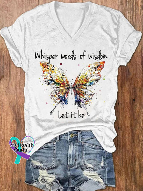 Women’s Hippie Whisper Word Of Wisdom Let It Be Butterfly Print V-Neck T-Shirt White / S